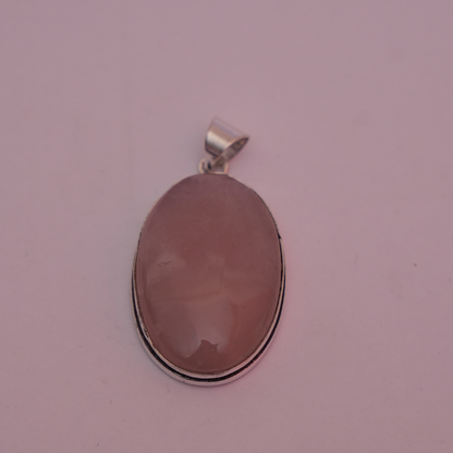 Rose Quartz Pendant - Oval Shape - German Silver - Plain Border