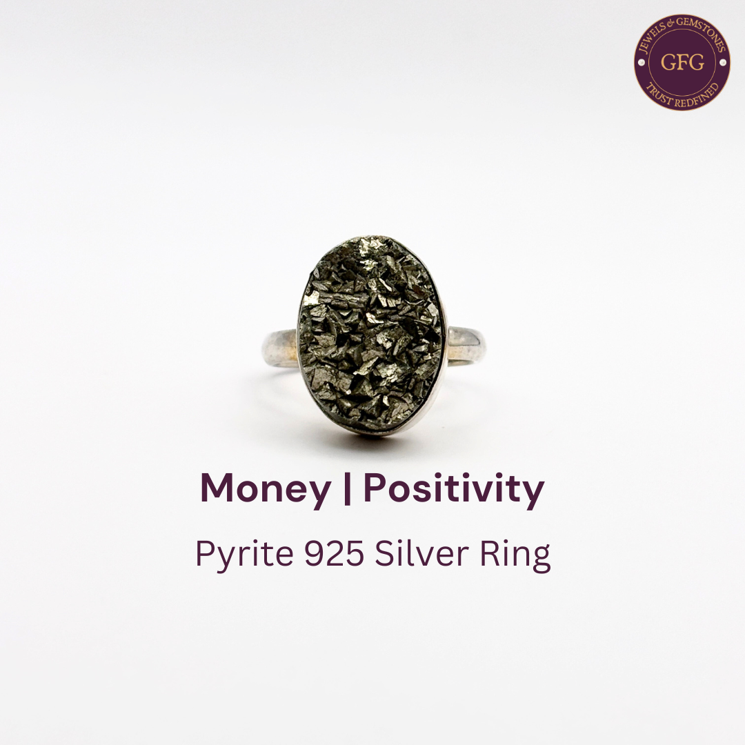 Adjustable Raw Pyrite Ring - Money & Positivity - Pure Silver 925 - Oval