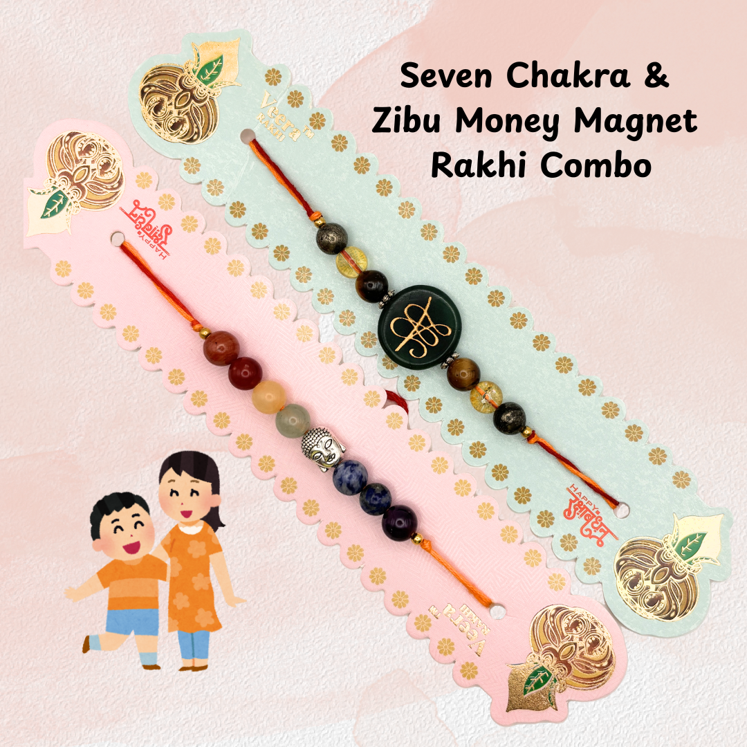 Seven Chakra & ZIbu Money Magnet Round Rakhi | Roli Chawal & Sweet | 2 Rakhis
