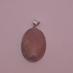 Rose Quartz Pendant - Oval Shape - German Silver - Plain Border