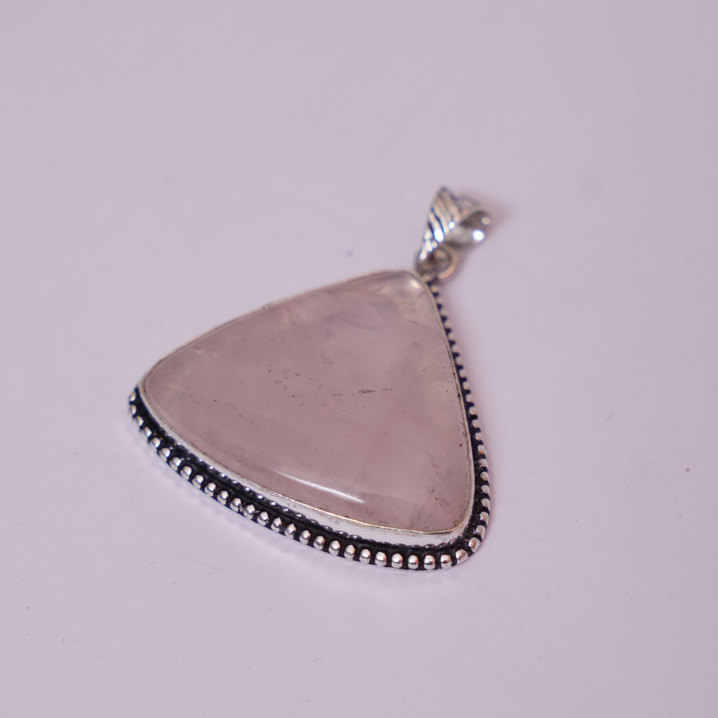 Rose Quartz Pendant - Big Triangle Shape - German Silver - Dotted Border