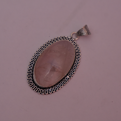 Rose Quartz Pendant - Oval Shape - German Silver - Frill Border