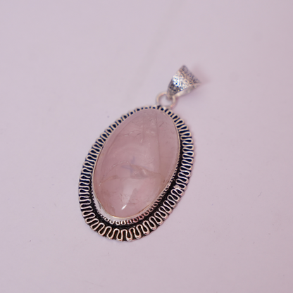 Rose Quartz Pendant - Oval Shape - German Silver - Frill Border