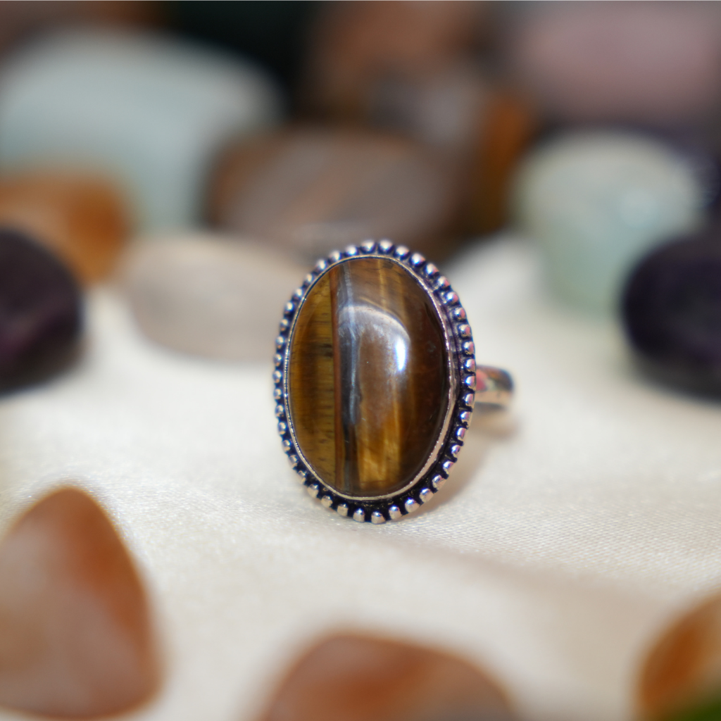 Tiger eye German Silver Ring- Oval Shape- Dotted