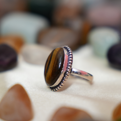 Tiger eye German Silver Ring- Oval Shape- Dotted