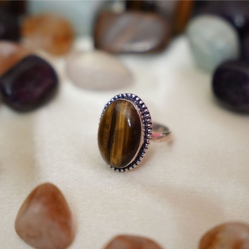 Tiger eye German Silver Ring- Oval Shape- Dotted