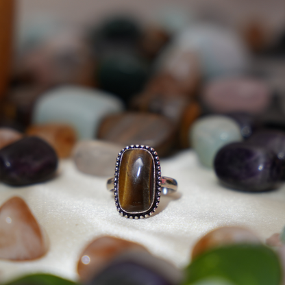 Tiger eye German Silver Ring- Rectangle Shape- Dotted