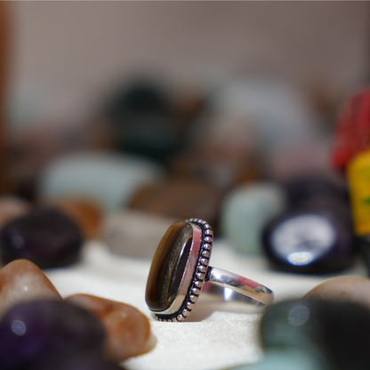 Tiger eye German Silver Ring- Rectangle Shape- Dotted