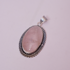 Rose Quartz Pendant - Oval Shape - German Silver - Frill Border