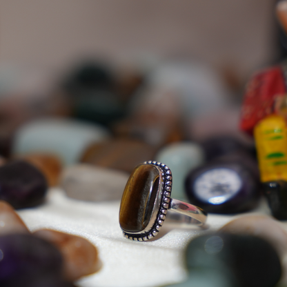 Tiger eye German Silver Ring- Rectangle Shape- Dotted