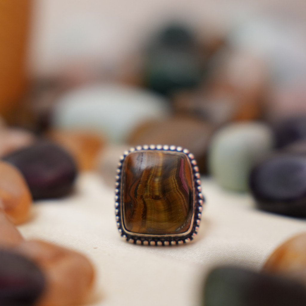 Tiger eye German Silver Ring- Square Shape- Dotted