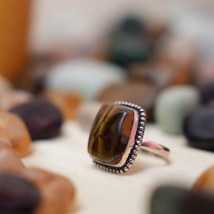 Tiger eye German Silver Ring- Square Shape- Dotted