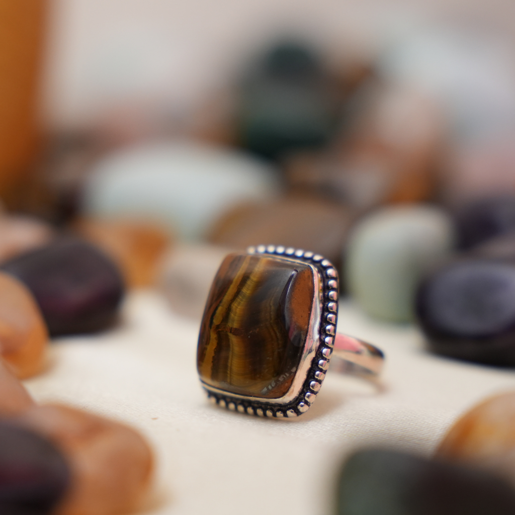 Tiger eye German Silver Ring- Square Shape- Dotted