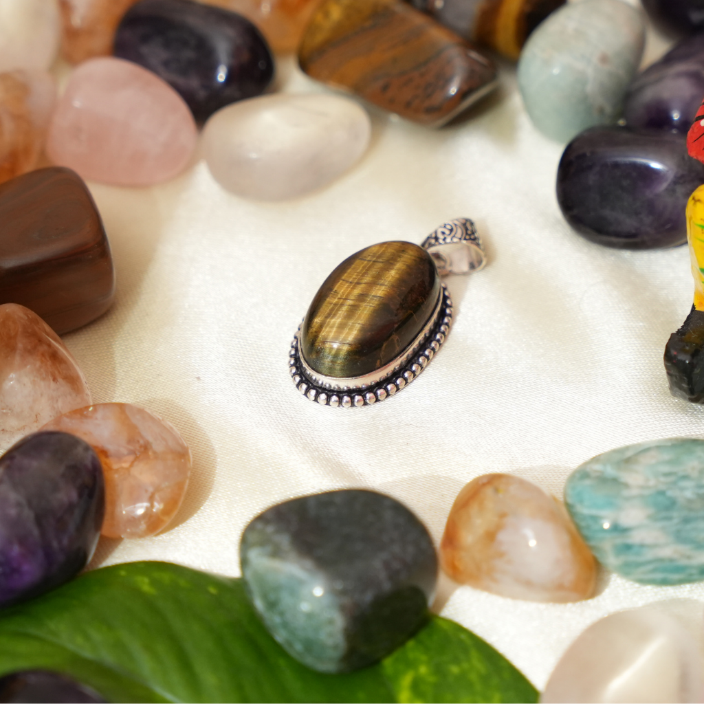 Tiger eye German Silver Pendant- Oval Shape- Dotted