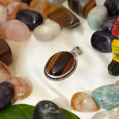 Tiger eye German Silver Pendant- Oval Shape- Dotted