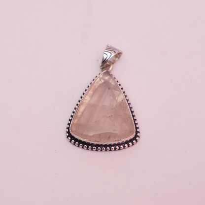 Rose Quartz Pendant - Triangle Shape - German Silver - Dotted Border