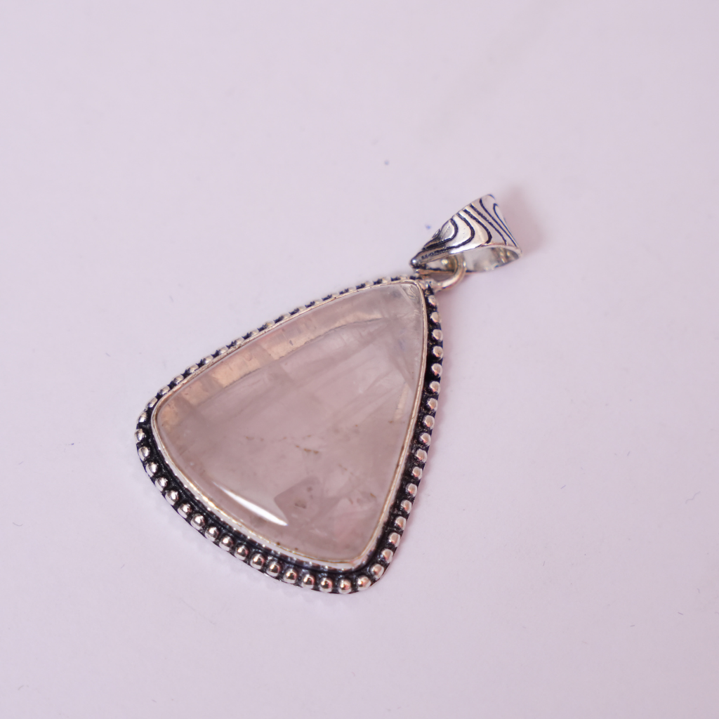 Rose Quartz Pendant - Triangle Shape - German Silver - Dotted Border