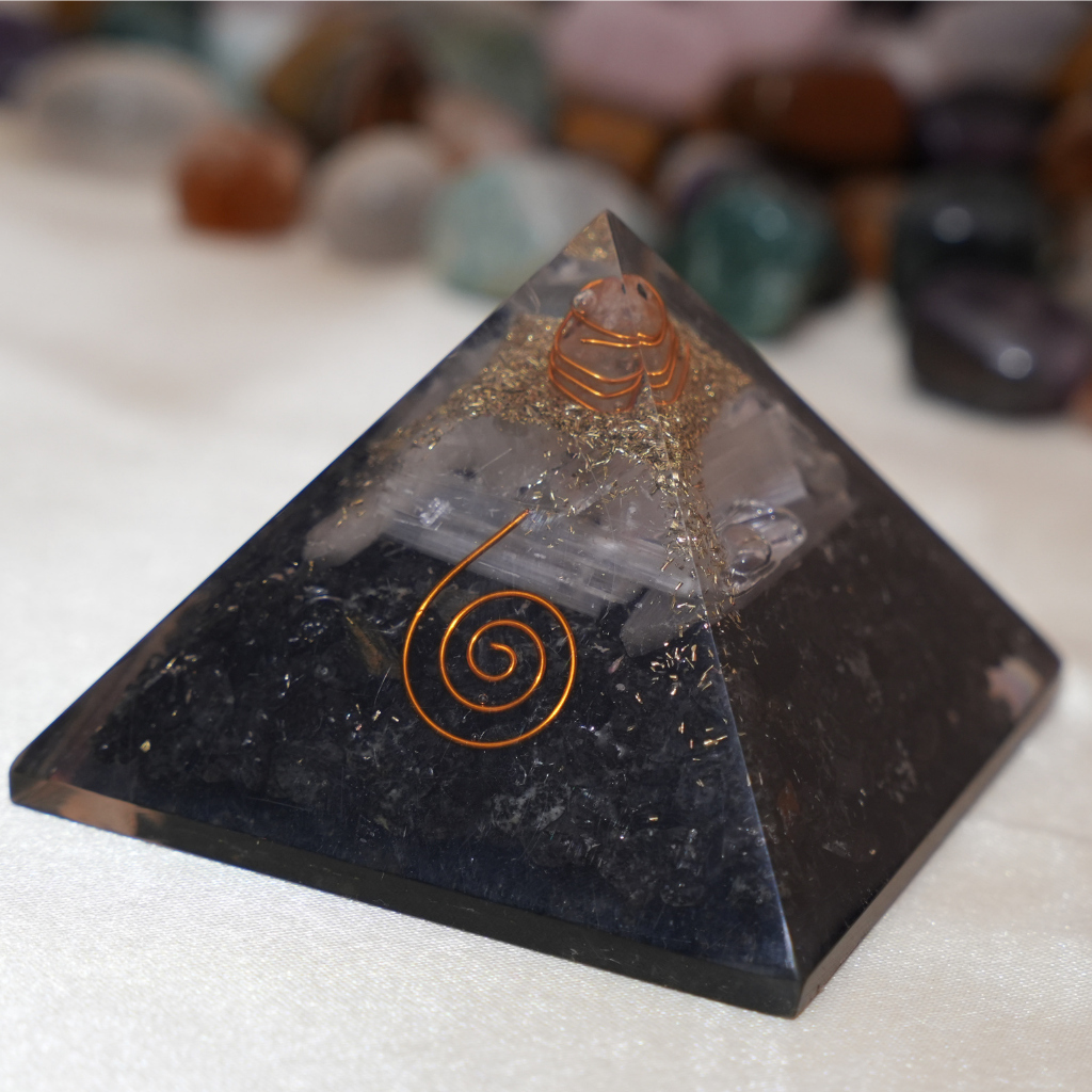 Selenite-Black Tourmaline Pyramid