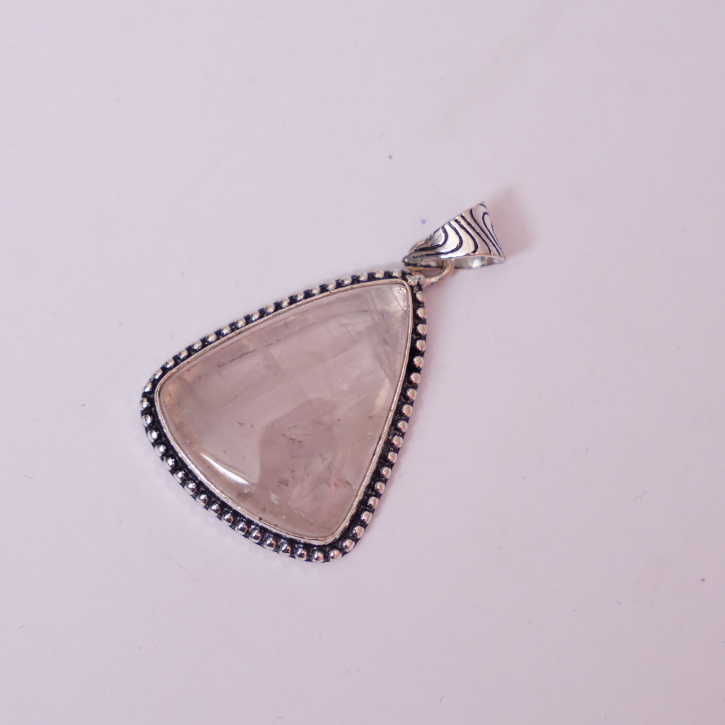 Rose Quartz Pendant - Triangle Shape - German Silver - Dotted Border