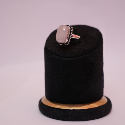 Rose Quartz Ring - Adjustable - Rectangle Shape - German Silver _ Dotted Border