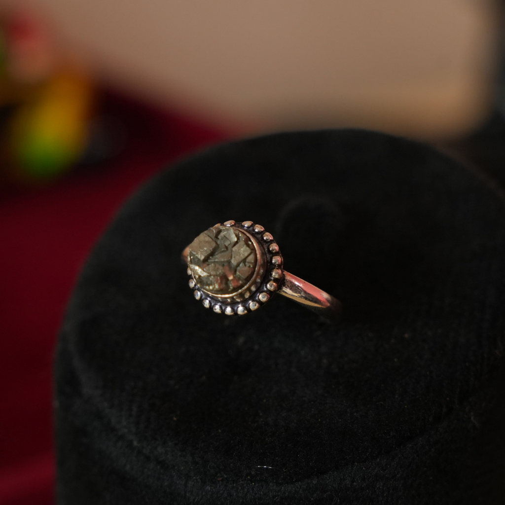 Adjustable Raw Pyrite Ring - Money & Positivity - Small Circle - Dotted Border - Lab Tested