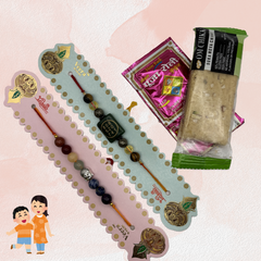 Seven Chakra & ZIbu Money Magnet Rectangle Rakhi | Roli Chawal & Sweet | 2 Rakhis