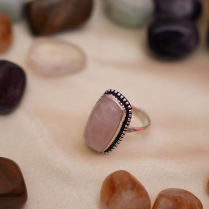 Rose Quartz Ring - Adjustable - Long Rectangle Shape - German Silver _ Dotted Border