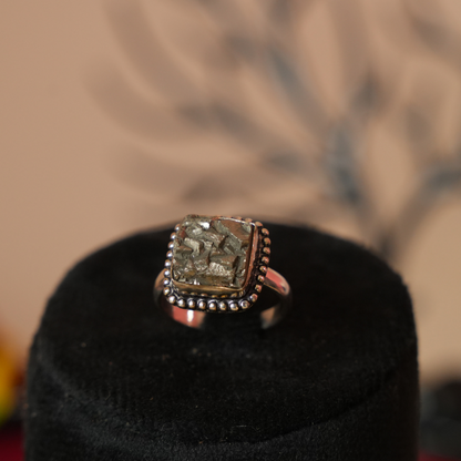 Adjustable Raw Pyrite Ring - Money & Positivity - Square Shape - Dotted Border - Lab Tested