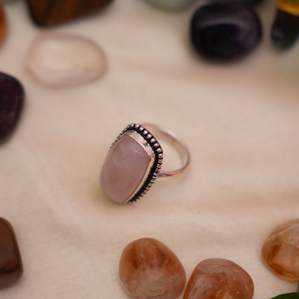 Rose Quartz Ring - Adjustable - Long Rectangle Shape - German Silver _ Dotted Border