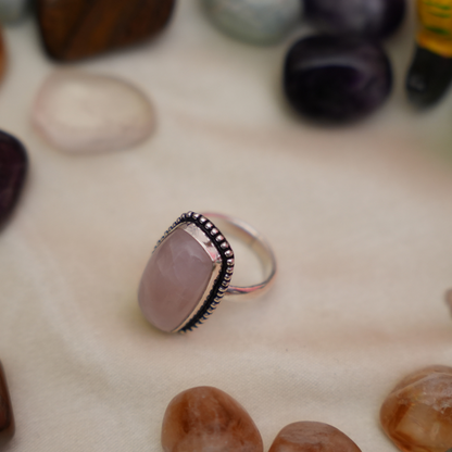 Rose Quartz Ring - Adjustable - Long Rectangle Shape - German Silver _ Dotted Border