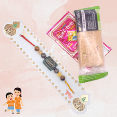 Raksha Bandhan Gift for Brother- Laxmi Yog Combo | Rectangle Zibu Rakhi| Roli Chawal & Sweet