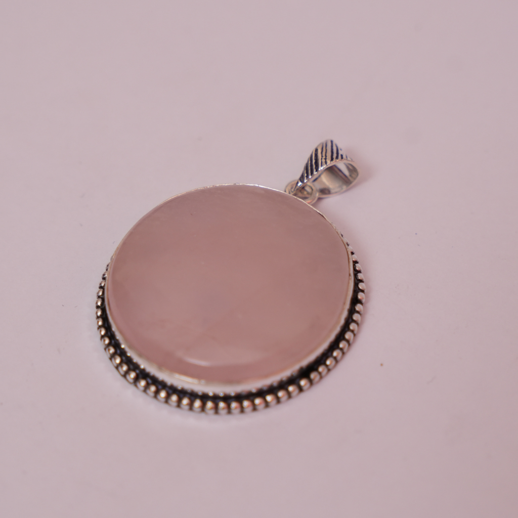 Rose Quartz Pendant - Circle Shape - German Silver - Dotted Border