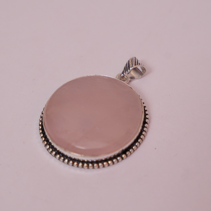 Rose Quartz Pendant - Circle Shape - German Silver - Dotted Border