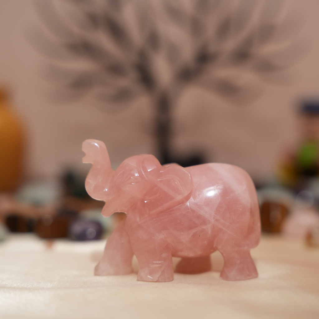 Rose Quartz Crystal Elephant Idol Murti - 198gm