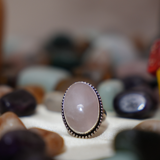 Rose Quartz Ring - Adjustable - Oval Shape - German Silver - Dotted Border