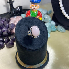 Adjustable Rose Quartz Ring Oval Plain Border Ring- German Silver - Lab Tested