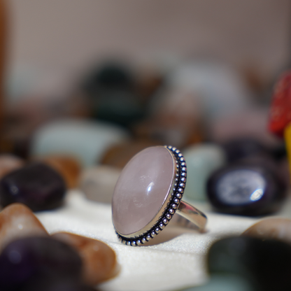 Rose Quartz Ring - Adjustable - Oval Shape - German Silver - Dotted Border