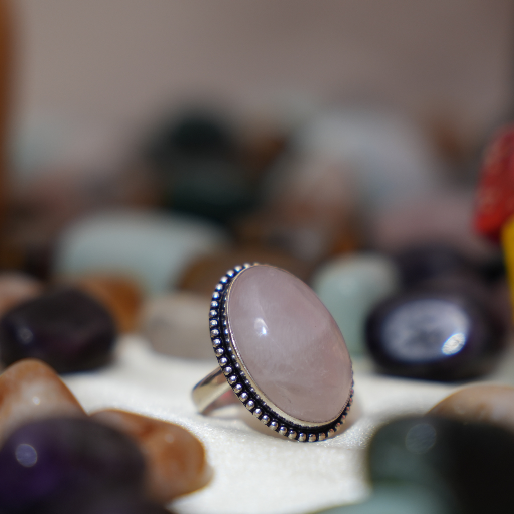 Rose Quartz Ring - Adjustable - Oval Shape - German Silver - Dotted Border