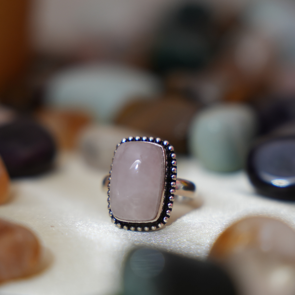 Rose Quartz Ring - Adjustable - Rectangle Shape - German Silver _ Dotted Border