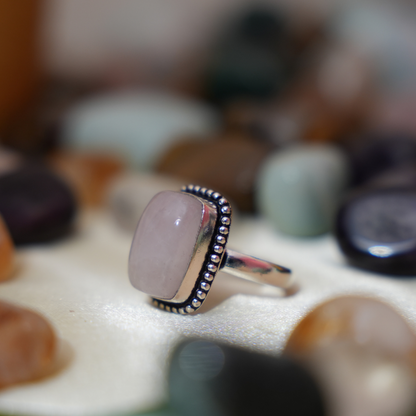 Rose Quartz Ring - Adjustable - Rectangle Shape - German Silver _ Dotted Border