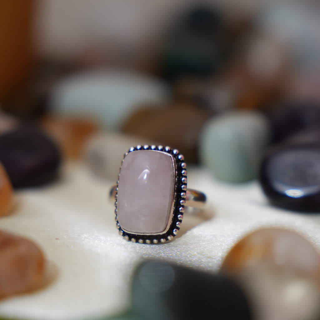 Rose Quartz Ring - Adjustable - Rectangle Shape - German Silver _ Dotted Border