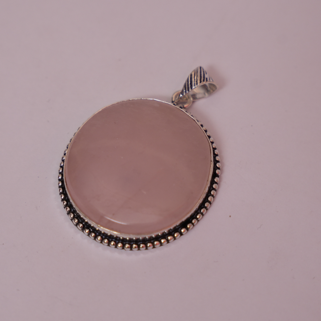 Rose Quartz Pendant - Circle Shape - German Silver - Dotted Border