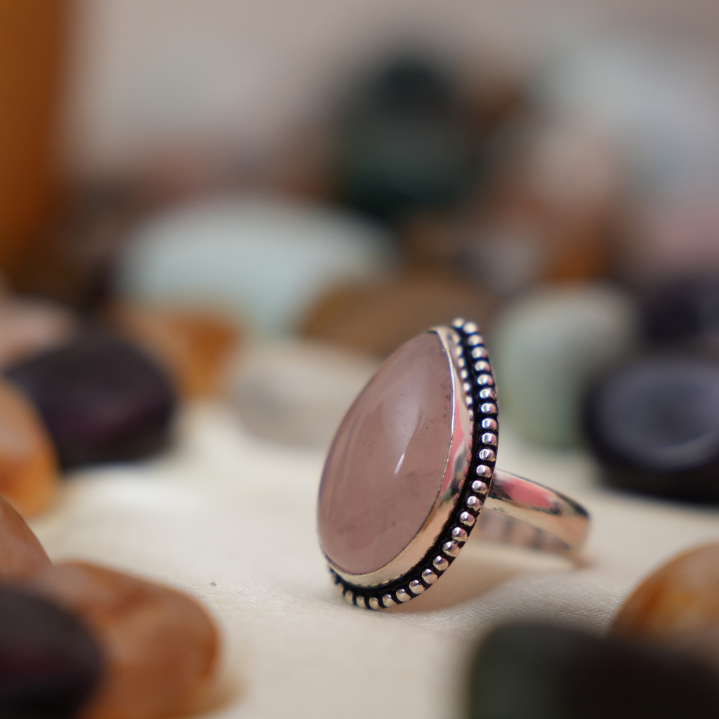 Rose Quartz Ring - Adjustable - Pear Shape - German Silver - Dotted Border