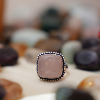 Rose Quartz Ring - Adjustable - Square Shape - German Silver - Dotted Border