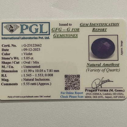 5.05 Carat Natural Amethyst/ Jamunia- Lab-certified