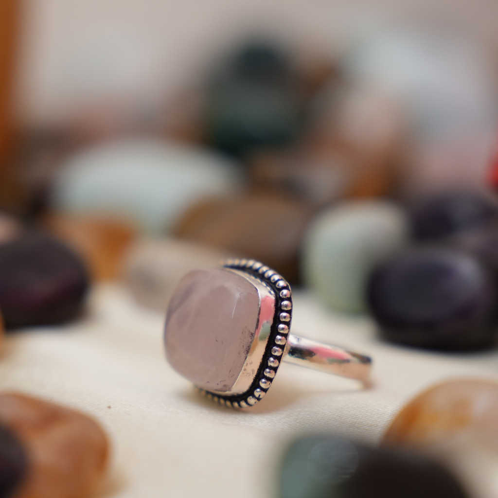 Rose Quartz Ring - Adjustable - Square Shape - German Silver - Dotted Border