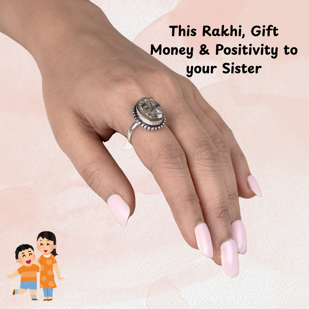 Raksha Bandhan Gift for Sister - Pyrite Ring Oval Dotted Adjustable