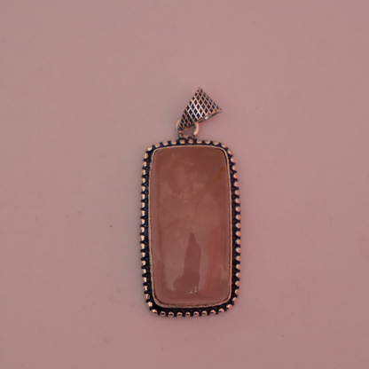 Rose Quartz Pendant - Rectangle Shape - German Silver - Dotted Border