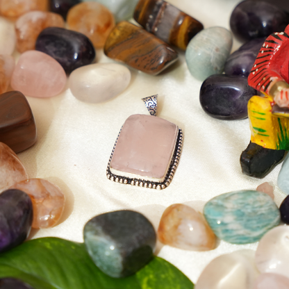 Rose Quartz Pendant - Square Shape - German Silver - Dotted Border