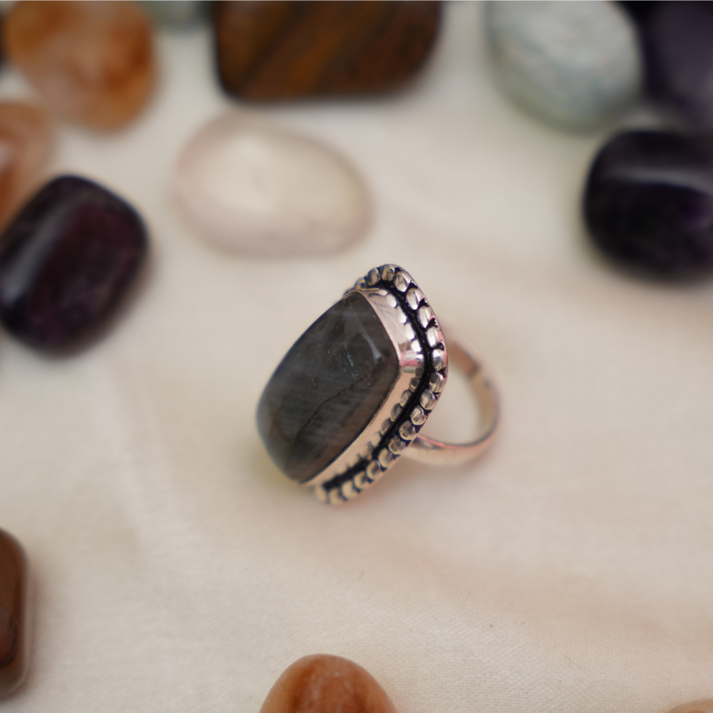 Adjustable Labradorite Ring Rectangle Shape Dotted Border - Lab Certified